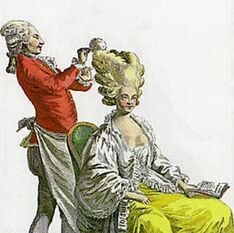 Drawing of a man with white ornate hair and a red waistcoat fixing the very high blond hair of Marie Antoinette