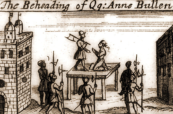 Artist's drawing of the execution of Anne Boleyn where she is kneeling on a platform facing an executioner with an axe