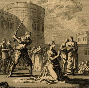Sepia artistic image of a man holding a sword aloft behind a kneeling Anne Boleyn