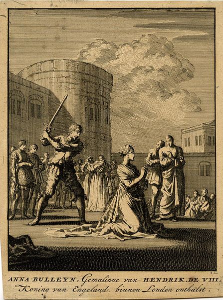 Artist's rendition of the execution of Anne Boleyn featuring Anne on her knees facing away from an executioner holding a sword aloft