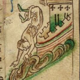 Illuminated manuscript image of a man falling head first from a tower